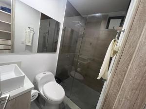 een badkamer met toilet en glazen douche bij Samaia Loft in Santa Marta +27 foto's