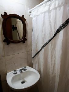 een badkamer met een wastafel en een spiegel bij Nuestro Lugar in El Bolsón