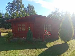 a small log cabin with a garden and a house at Cabaña Trasmahue in Villarrica