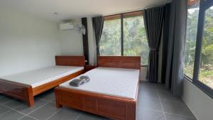 a room with two beds and a window at Thiên Vy Homestay in Phu Quoc