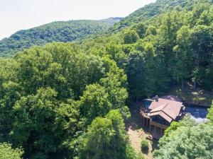 eine Luftaufnahme eines Hauses mitten in einem Wald in der Unterkunft Bella Vita - Pet Friendly Cabin in Maggie Valley