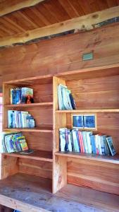 een boekenplank gevuld met boeken in een houten muur bij Refugio Kallfuko, a great space with nature in Valdivia