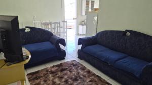 a living room with two blue couches and a tv at Terraço do Sol Apt 03 in Marcelino Ramos +2 photos
