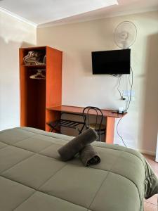 a bedroom with a bed with a desk and a television at Wee Waa Motel in Wee Waa