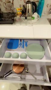 ein Regal mit Geschirr und Küchenutensilien im Kühlschrank in der Unterkunft Cherry blossom in Zirakpur + 5 Fotos