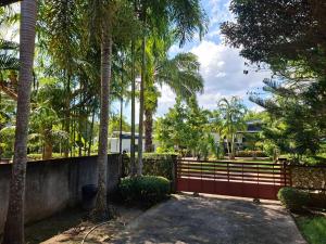 a fence with palm trees in a yard at Little Purple House- AoNang in Ao Nang 