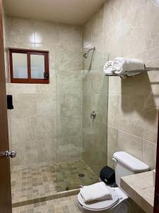 a bathroom with a shower and a toilet at Hotel Santa Cruz Mazunte in Mazunte +12 photos