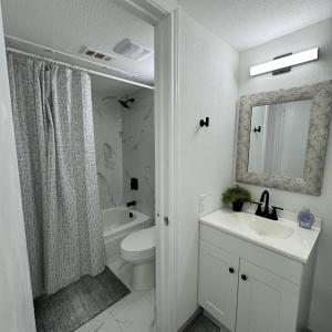 un bagno con lavandino, WC e specchio di 2 DT Dallas l FIFA WORLD CUP READY l 5 Min from Love Field a Dallas