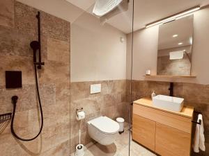 une salle de bains avec douche, toilettes et lavabo dans l'établissement LAKE-SIDE Säntisblick, à Romanshorn