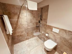 une salle de bains avec toilettes et douche en verre dans l'établissement LAKE-SIDE Säntisblick, à Romanshorn 1 autre photo