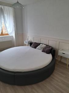 een groot wit bed in een kamer met een raam bij Le séjour in Tramelan