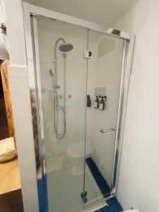 um chuveiro com porta de vidro em um banheiro em Studio Piccola Renna em Limone Piemonte