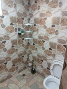 baño con aseo y pared de piedra en Nadir ailevi hotel, 