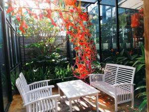 two white chairs and a table in a greenhouse at Jrai Homestay in Pleiku +62 photos