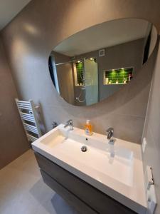 a bathroom with a sink and a mirror at La casa Pacha Mama Sauna en Hottub in Ewijk