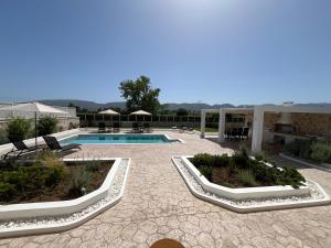 een zwembad met drie planten in een tuin bij Villa Abelia relax in our Private Salt Water Pool in Áyios Kírikos