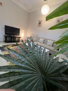 a living room with a couch and a large plant at The Smart Studio 102 in Al Khobar