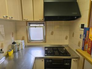 een keuken met een fornuis bovenste oven naast een raam bij Kobe Youth Hostel in Kobe