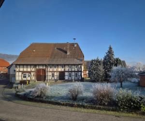 a house with a brown roof and a courtyard at Ferienwohnung 'Im Hause Hofland' in Uslar