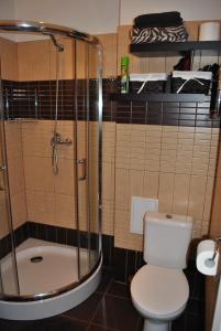 een badkamer met een toilet en een glazen douche bij Solo apart in Rīga