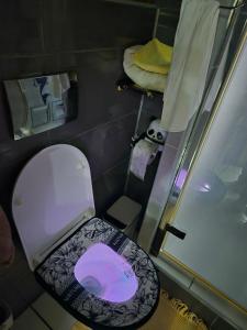 Un pequeño baño con un inodoro con luz violeta. en KONAK kod ODISEJE, en Tuzla 46 fotos más