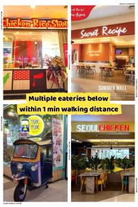 Un collage de imágenes de un restaurante con una scooter estacionada enfrente. en Make Memories 2BR Family Suite Kuching, en Kota Samarahan