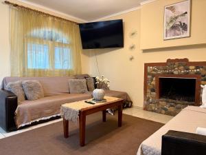 a living room with a couch and a fireplace at Resort Dimitris in Alexandroupoli