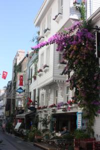 un edificio con flores púrpuras a su lado en Romantic Mansion, en Estambul