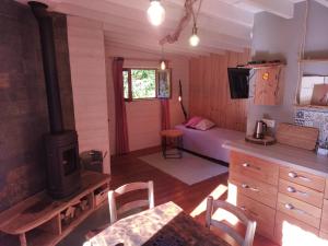 eine Küche und ein Wohnzimmer mit einem Herd in einer Hütte in der Unterkunft Gîte nature Au pied des hêtres in Vitrac-sur-Montane