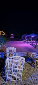 a group of chairs sitting on the beach at night at Rotana camp in Disah