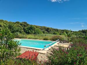 une piscine au milieu d'un jardin dans l'établissement Le Petit Chêne, à Orgnac-lʼAven