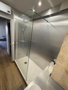 - une cabine de douche en verre dans la salle de bains dans l'établissement New - Charming apartment - historic heart, à Montpellier