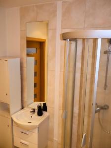 ein Badezimmer mit Waschbecken, Dusche und Spiegel in der Unterkunft Rzymskie wakacje in Oppeln + 21 Fotos