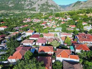 een luchtzicht op een stad met rode daken bij Julia's Village Villa in Korçë