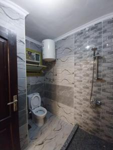 a bathroom with a toilet and a wall with tiles at Luxury Apartment In Sheikh Zayed - Jannah 2 Compound in Sheikh Zayed +5 photos