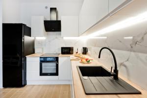 eine Küche mit einer Spüle und einem schwarzen Kühlschrank in der Unterkunft Apartamenty IN Leśna in Hel