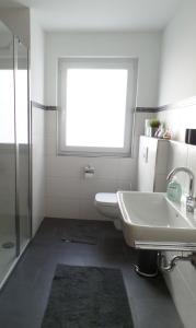 a bathroom with a sink and a toilet and a window at Köster Apartment in Olpe