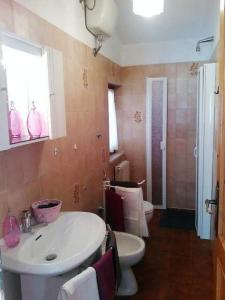 een badkamer met een witte wastafel en een toilet bij Appartamento Il Bosco Incantato in Abetone