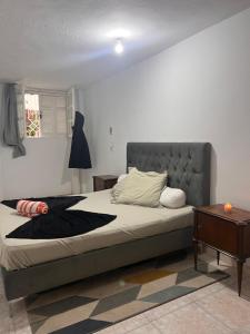 een slaapkamer met een groot bed met een hoofdeinde bij La coco in La Marsa