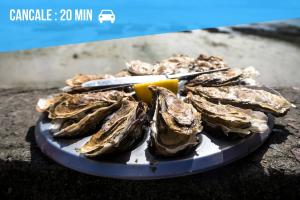 a plate of oysters on a table with a knife at Soeli Emeraude in La Richardais
