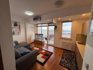 a living room with a couch and a tv at Apartament modern in Arad AFI Mall & Gara & Centru & Granița Ungaria in Arad