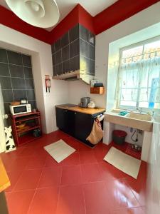 a kitchen with a red tile floor and a sink at Summer Haze Ericeira in Ericeira