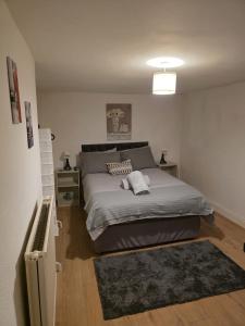 ein Schlafzimmer mit einem großen Bett und einem Teppich in der Unterkunft Shalom Stay Tottenham in London