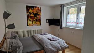a small room with a bed and a window at FEWO klein mit Garten in Feldberg