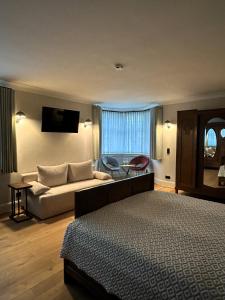 a hotel room with a bed and a couch at Gästehaus Grüner Baum in Oestrich-Winkel