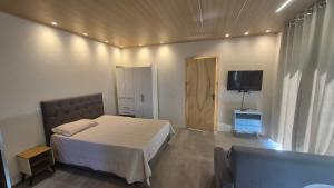 VideiraApartamento Loft Terreo的一间卧室，里面有一张床和一台平板电视