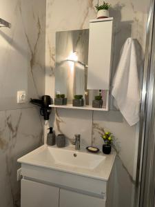 ein Badezimmer mit Waschbecken und Spiegel in der Unterkunft Casa Esmeralda Faliro in Athen