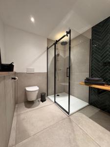 a bathroom with a shower and a toilet at Ferienwohnung Erfurter Seen - Nöda 2 in Nöda