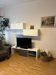 een woonkamer met een tv en een wit entertainmentcentrum bij Apartman 825 in Jáchymov