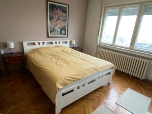 - une chambre avec un lit blanc et 2 fenêtres dans l'établissement Duga Apartments, à Novi Sad